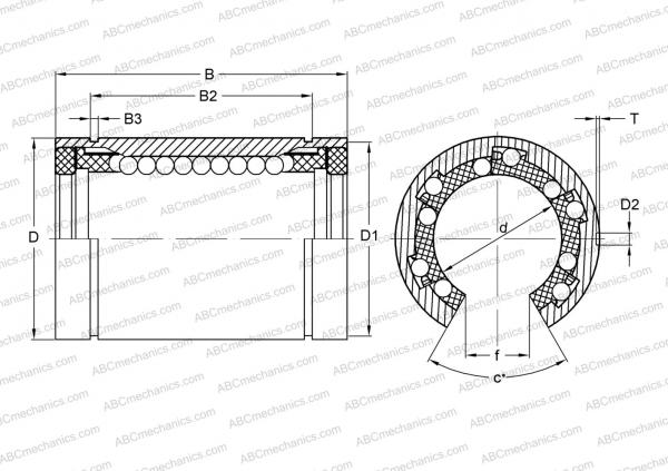 Чертеж системы линейного перемещения LBD 25 UU OP ABC: размеры, диаметры, ширина