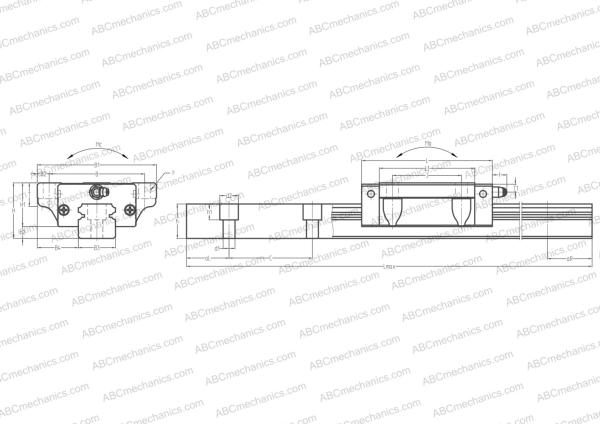 Drawing of linear motion system LH30HL ABC: dimensions, diameters, width