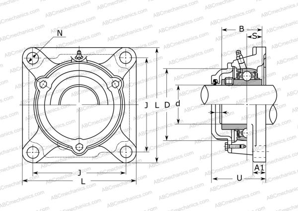 Drawing of mounted bearing, housing CUCF 207CE ASAHI: dimensions, diameters, width