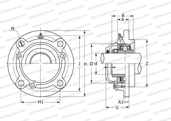 Drawing of mounted bearing, housing CUCFC 207C ASAHI: dimensions, diameters, width