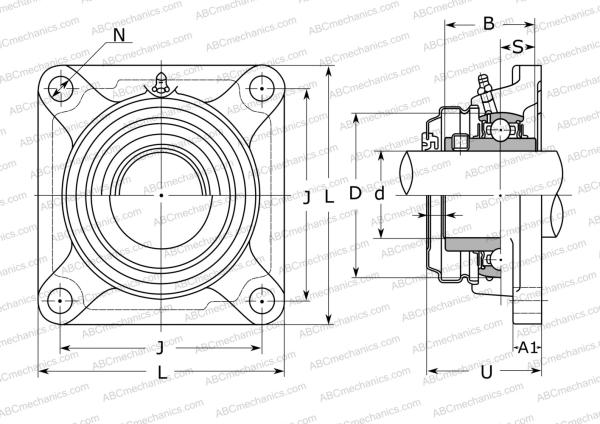 Drawing of mounted bearing, housing UCF 207C ASAHI: dimensions, diameters, width