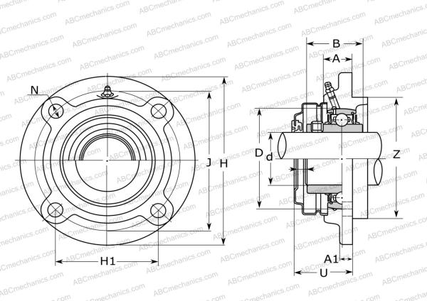 Drawing of mounted bearing, housing UCFC 205E ASAHI: dimensions, diameters, width