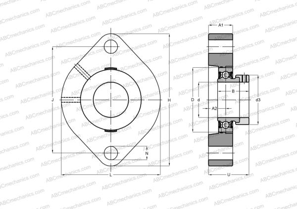 Чертеж подшипникового узла, корпуса USFD203 ABC: размеры, диаметры, ширина