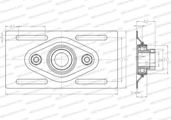 Чертеж подшипникового узла, корпуса ESPFE206 ABC: размеры, диаметры, ширина