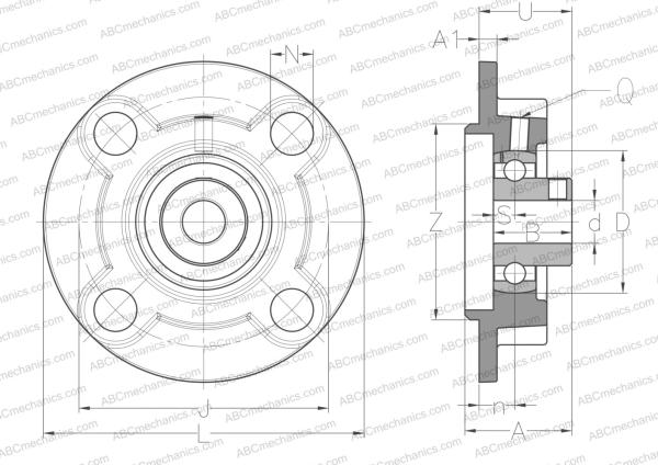 Чертеж подшипникового узла, корпуса USFC204 ABC: размеры, диаметры, ширина