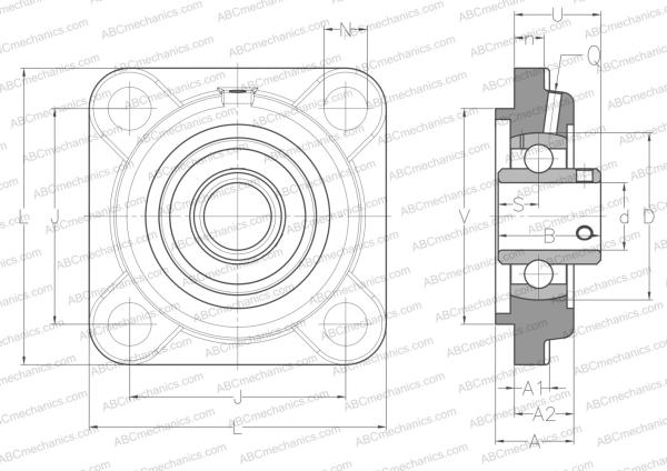 Чертеж подшипникового узла, корпуса UCFS308 ABC: размеры, диаметры, ширина