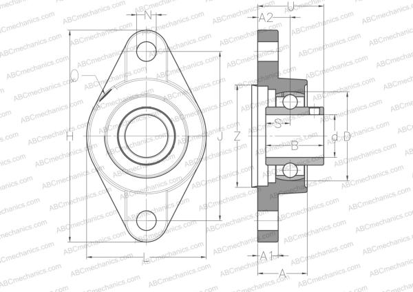 Чертеж подшипникового узла, корпуса UCFLZ205 ABC: размеры, диаметры, ширина