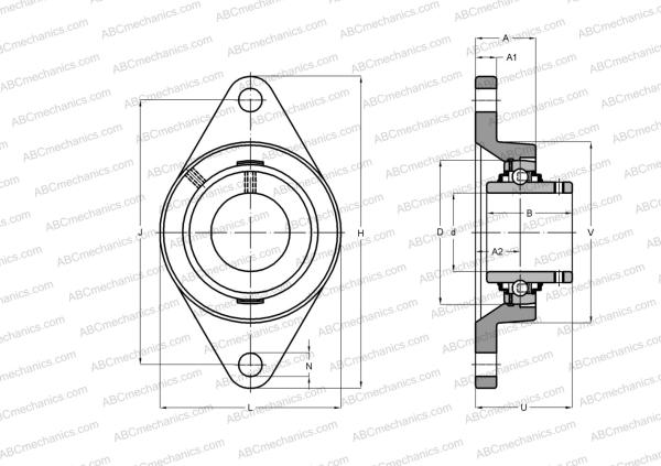 Чертеж подшипникового узла, корпуса SUCFL202 ABC: размеры, диаметры, ширина